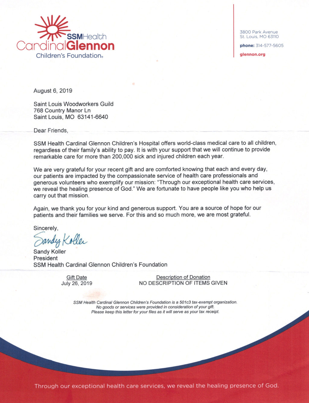 Thank you letter from SSM Health Cardinal Glennon Children's Foundation